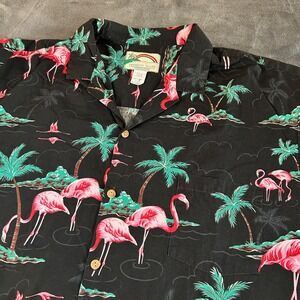 Paradise Found Hawaiian Shirt Mens‎ XXL 2XL Flamingo Palm Tree Black Tropical